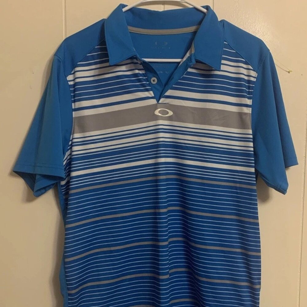 Men's OAKLEY Turquoise/White Striped Polo Shirt Size small Golf Shirt